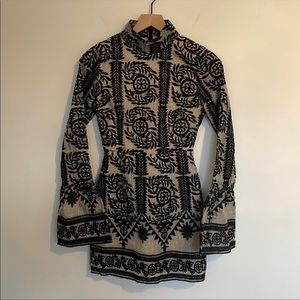 Missguided| Black Nude Cream Embroidered Mock Neck Mini Dress Size US 2